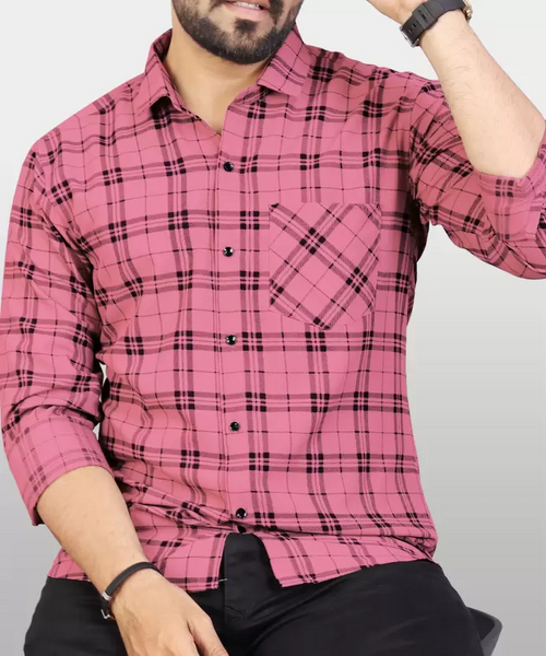 Men Regular Fit Checkered Spread Collar Casual Shirt Pink (Size S)