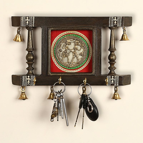 Brass People On Teak Wood' Warli Hand-Painted Key Holder With Dhokra
