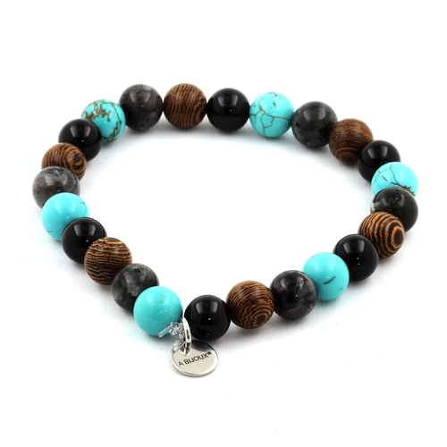 Labradorite + Black Agate + Turquoise + wood Bracelet 8 mm Beads.