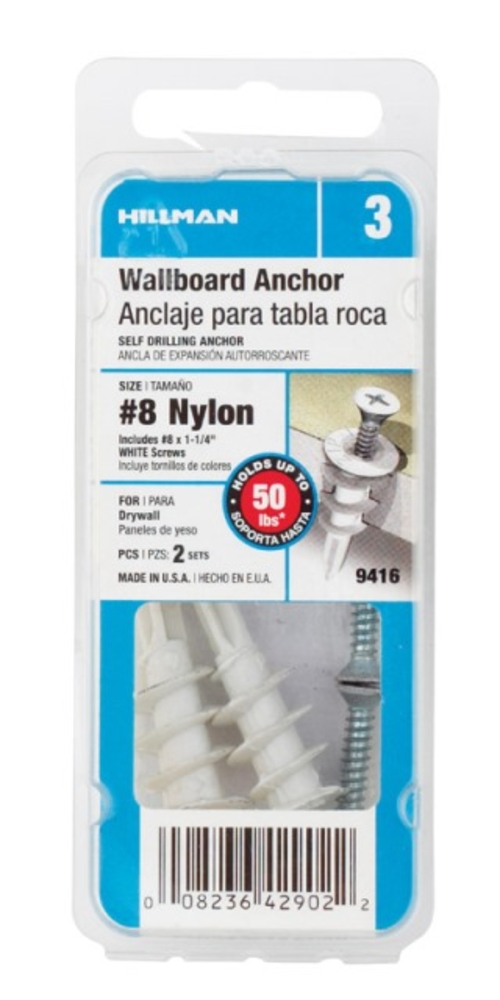 Hillman 9416 No.8 Wallboard Anchor with Screw  White - pack of 6