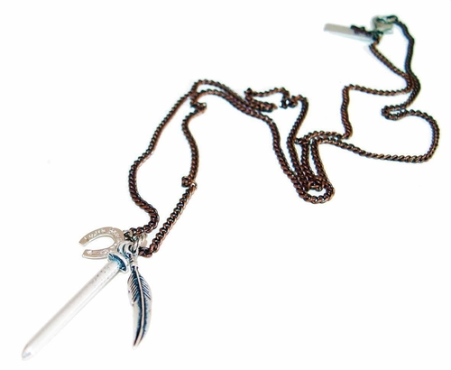 Mens nail, feather and horseshoe necklace