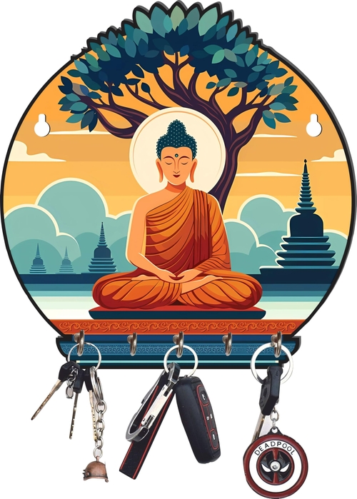 Premium Meditating Gautam Buddha Printed Wooden key holder
