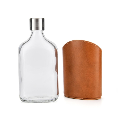 Glass Flask with Cap - Hip Flask - Genuine Brown Leather Pouch Holder