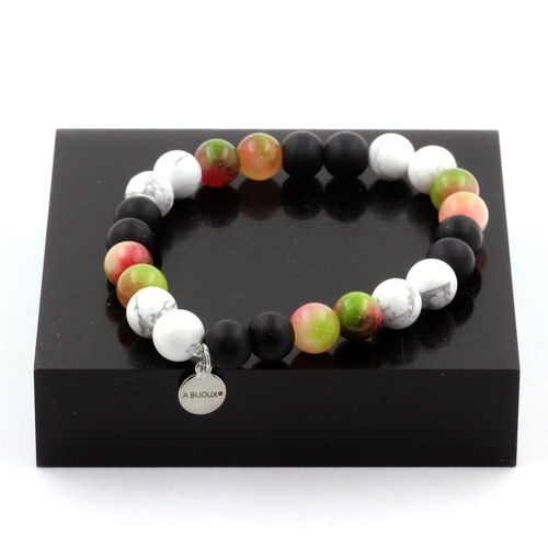 Watermelon Tourmaline + Howlite + Matte Black Onyx Bracelet 