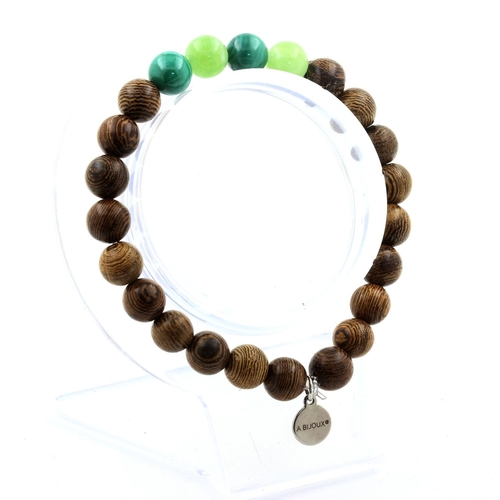 Malachite from Congo + Peridot + wood Bracelet 8 mm Beads.