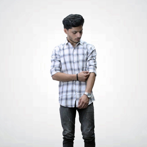 Men’s White Blue Twill Cotton Checkered Shirt (Size-L) (Color-WHITE)