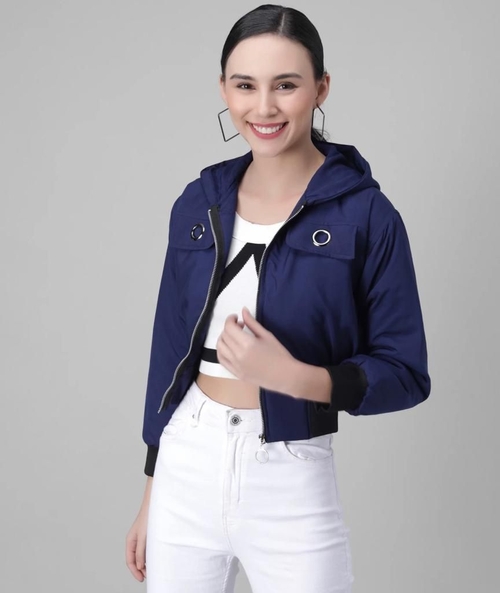 Women Solid Light Weight Casual Short Jacket (Color Dark Blue) (Size
