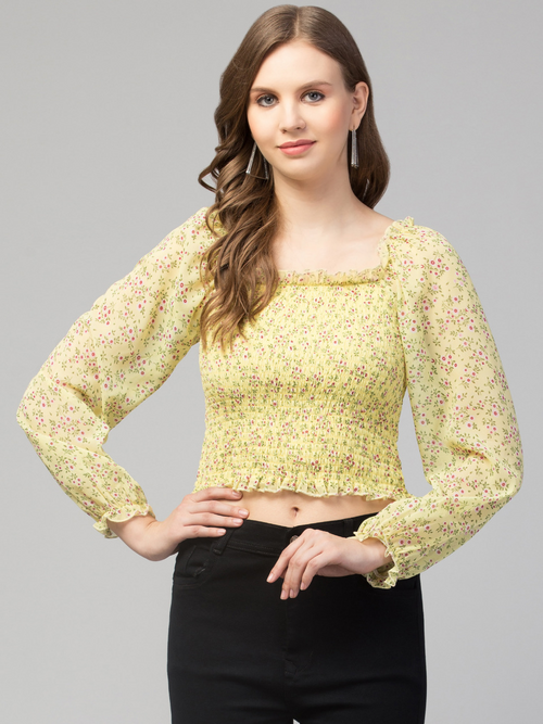 Women Girls Puff Sleeves Floral Smocked Top-YELLOW