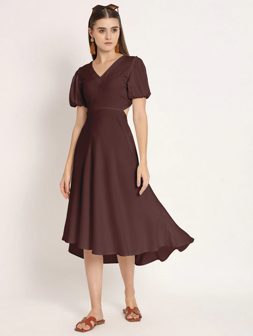 Brown Solid Puff Sleeves High Low Dress (Size-S) (Color-BROWN)
