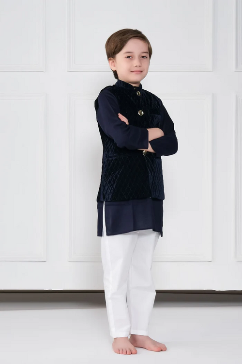 BOYS FULL KURTA JACKET&PANT SET (SIZE-6-7yr) (COLOR-BLUE&WHITE)