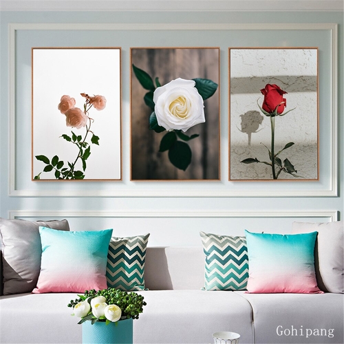 Pink Flower Rose Canvas Painting Nordic Landscape