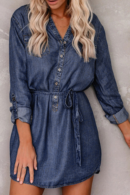 Blue V Neck Buttoned Shirt Denim Dress