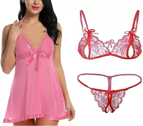 Women's Bra & Panty Set Self Design Pink, Red Lingerie Set (Size 32)