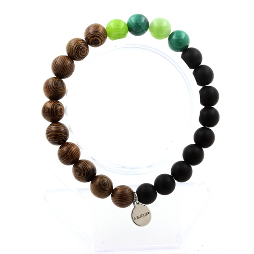Malachite + Peridot + Matte Black Onyx + Wood Bracelet 8 mm Beads