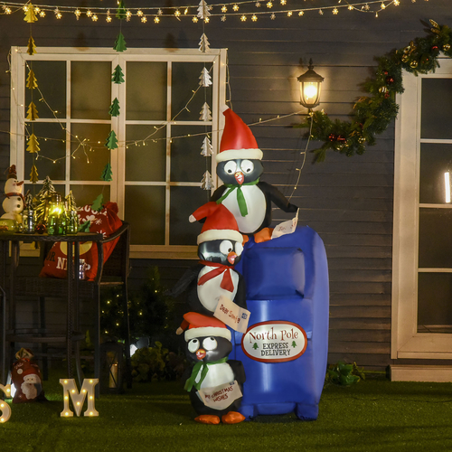 HOMCOM  6' Christmas Inflatable Penguins Mailbox Scene with LED Lights