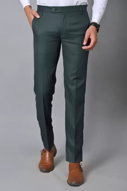 Men Regular Fit Dark Green Cotton Blend Trousers (Size L)