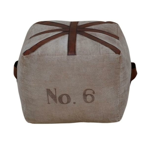 Square Ottoman With Leather Handles Covered In Leather Recycled Canvas