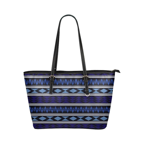 Large Leather Tote Shoulder Bag - Blue Aztec Print