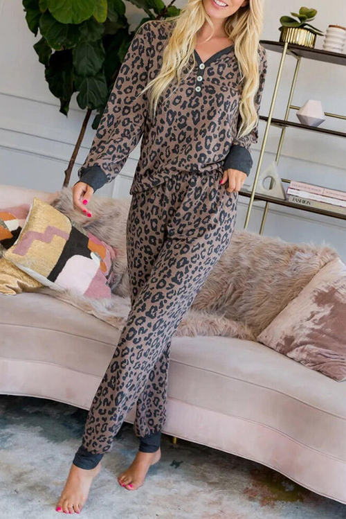 Brown Leopard Printed Button Pajamas Set