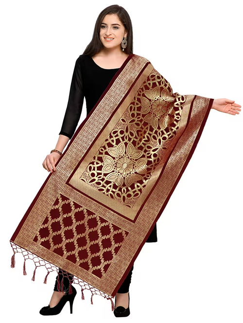 maroon Self Design silk dupatta