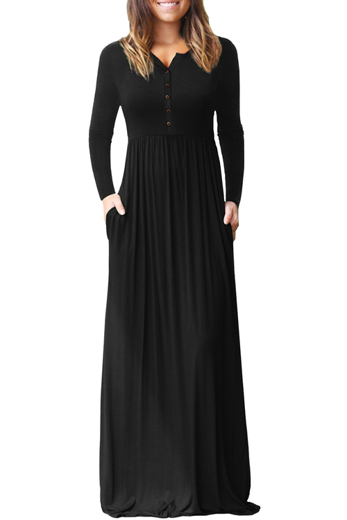 Black Long Sleeve Button Down Casual Maxi Dress