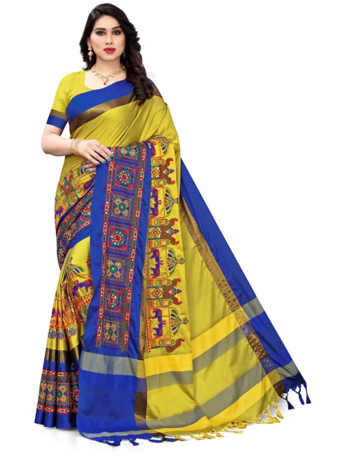 women's embroidered saree BLUE&YELLOW