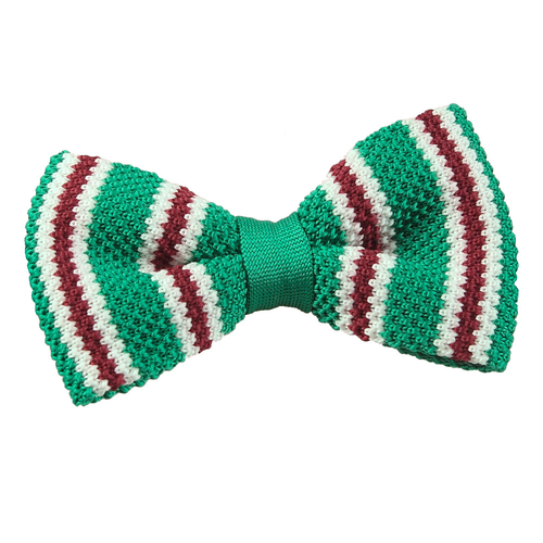 Knitted 3 Thin Stripe Bow Tie - Knitted Green with Burgundy & White