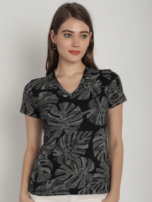 Black Cotton Printed T-Shirt(SizeL)(ColorBlack)