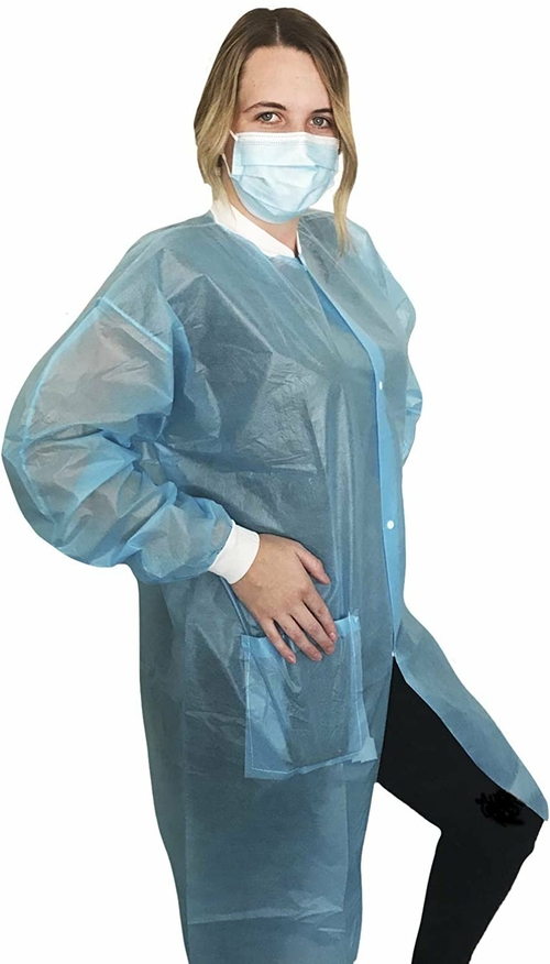 Disposable Lab Coats 40 gsm. Pack of 10 Blue Polyethylene Coated