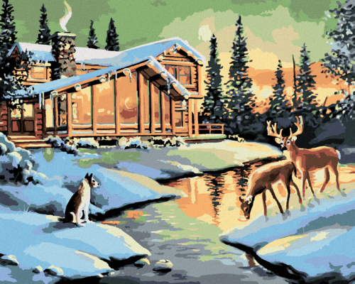 Zuty - Paint by Numbers - A DOE, A DEER AND A DOG BY THE LOG CABIN (D.