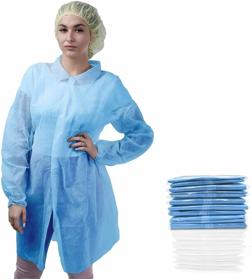 Disposable Lab Coats. Pack of 50 Blue Polypropylene Work Gowns Large,
