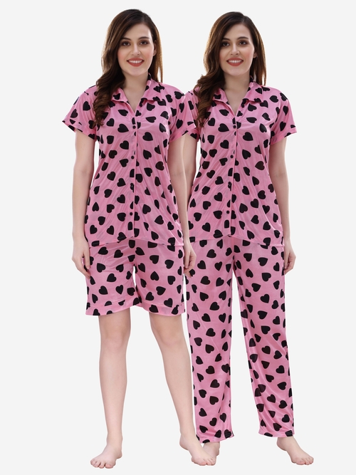 Romaisa Women's Satin Printed Pink Top and Pyjama with Shorts