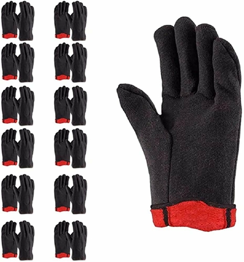 Red Fleece Lined Brown Jersey Gloves. Reusable Washable Glove with