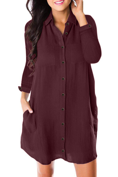 Burgundy Long Sleeve Button Down Crepe Shirt Dress