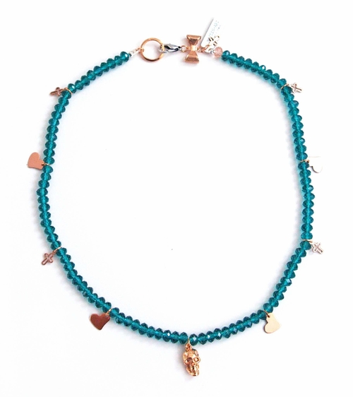 Emerald Green Crystals and Rose gold Skull, Heart Charms Necklace