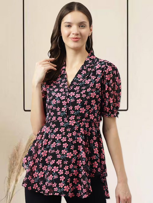 Black Floral Printed A-Line Top (Size-M) (Color-Black)