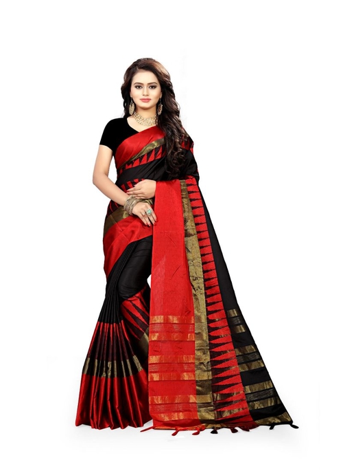 Black And Red Color Cottn Silk  Saree