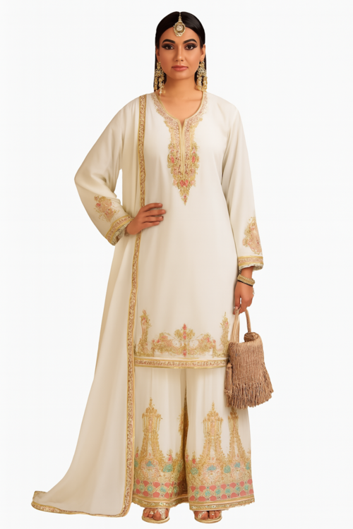 Main Women Traditional Embroidery Kurta Set-White (Size-2XL) | D249 image