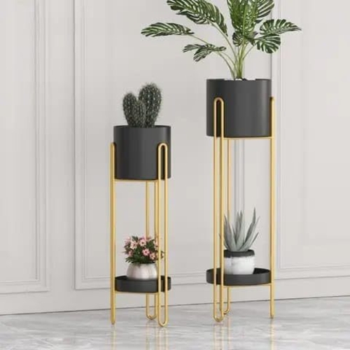 Modern Metal Planter Stand and Pot Set of 2