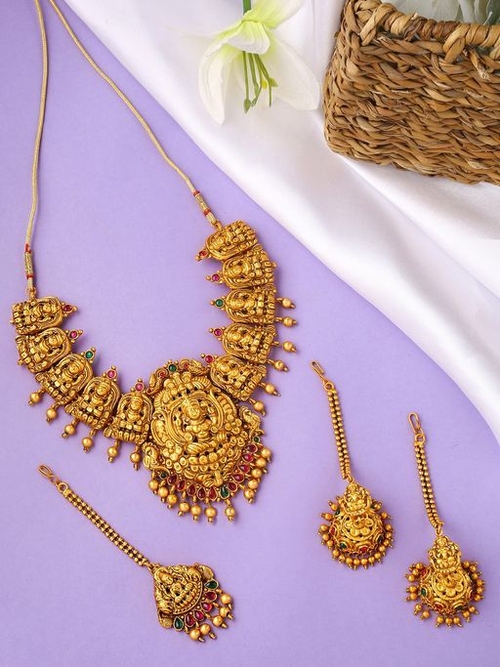 Gold Plated Lakshmi Temple Jewellery Set of 3 with Maangtikka