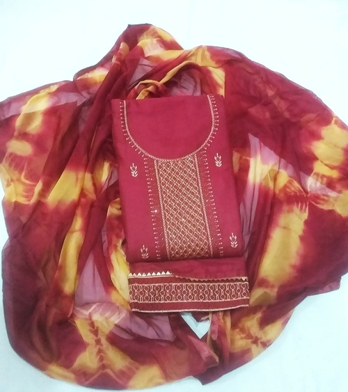 Unstitched Cotton Salwar Suit Material Embroidered Color Maroon