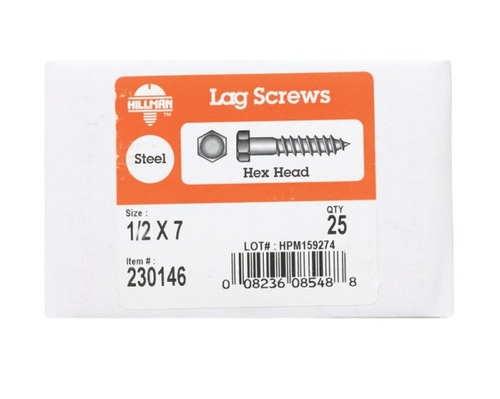 Hillman 230146 0.5 x 7 in. Leg Screw Hex Head Zinc Plated