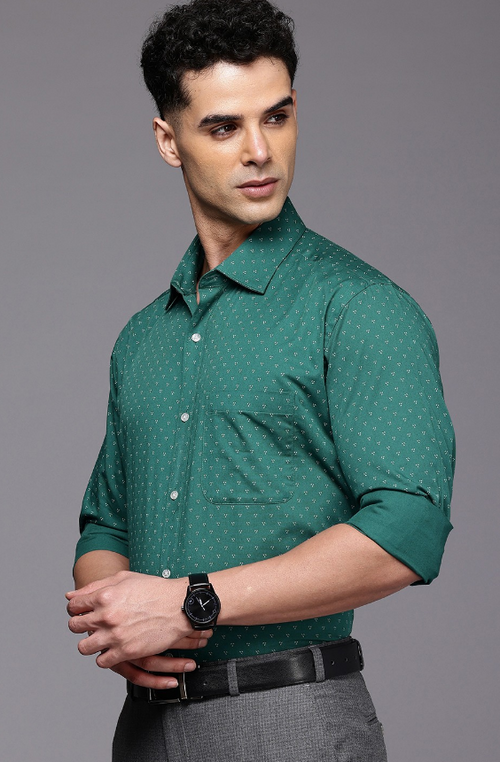 Men Pure Cotton Slim Fit Opaque Printed Formal Shirt (Color Green)