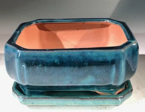 Blue / Green Ceramic Bonsai Pot -RectangleWith Humidity Drip Tray6" x