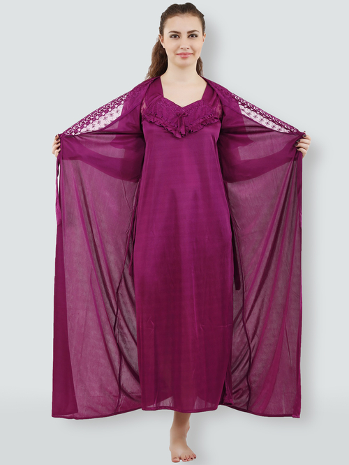 Romaisa Women's Satin Solid Magenta Maxi Length Nighty with Robe