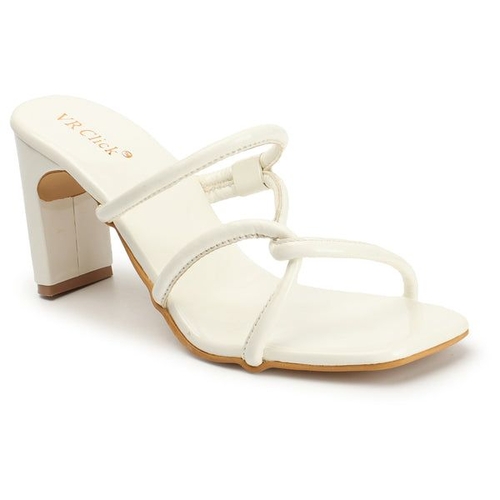 Open-Toe Chunky Heeled Slippers (Size-39) (Color-WHITE)