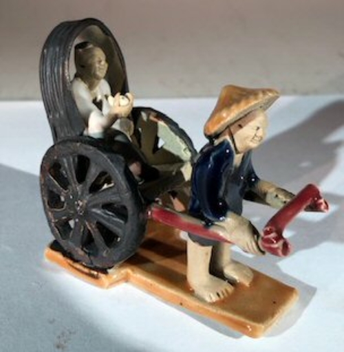 Miniature Ceramic FigurineGlazed Man Pulling Rickshaw