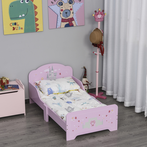 HOMCOM Kids Wooden Bed w/ Castle Pattern Safety Rails Perfect Gift for