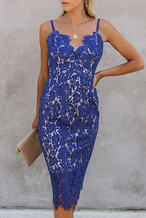 Blue Eyelash Lace Spaghetti Strap Midi Dress