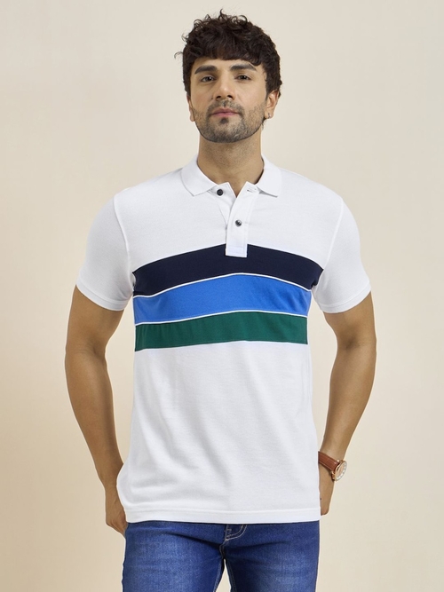 Men's Stripes Pure Cotton Polo T-Shirt (Color White) (Size L)